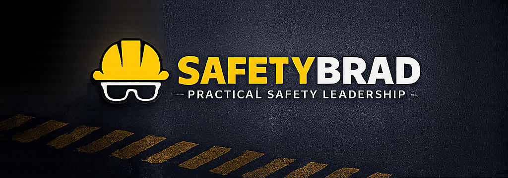 SafetyBrad logo: hard hat and safety glasses beside Practical Safety Leadership